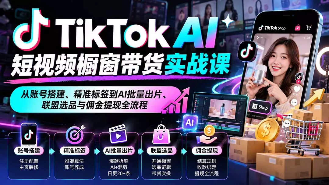 TikTok AI短视频橱窗带货实战课：从账号搭建、精准标签到AI批量出片、联盟选品与佣金提现全流程-九九网创