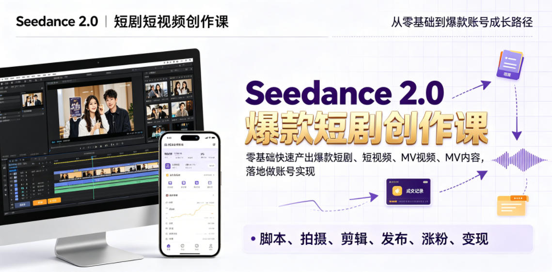 Seedance 2.0短剧短视频创作课,零基础快速产出爆款短剧、短视频、MV内容,落地做账号实现变现-九九网创
