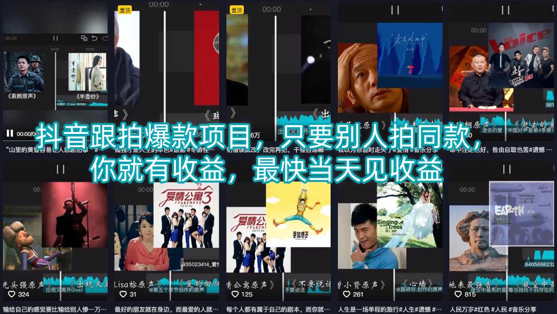 抖音跟拍爆款项目，只要别人拍同款，你就有收益，最快当天见收益-九九网创