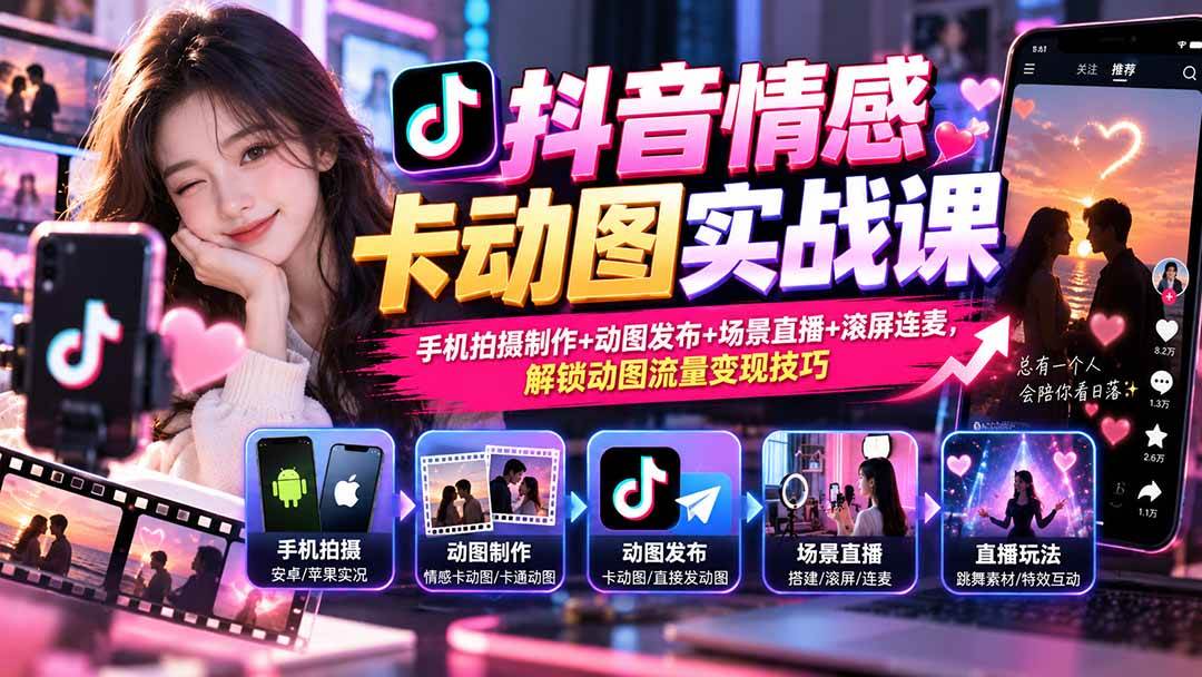 （20815期）抖音情感卡动图实战课：手机拍摄制作+动图发布+场景直播+滚屏连麦，解锁动图流量变现技巧-九九网创