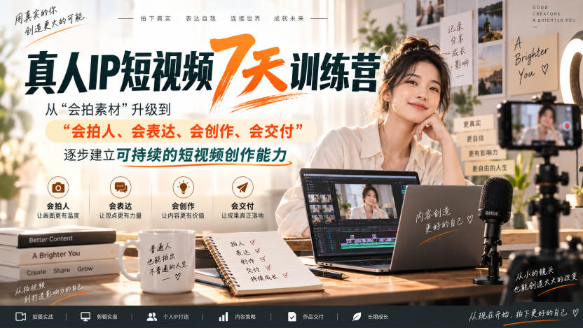 真人IP短视频7天训练营，从“会拍素材”升级到“会拍人、会表达、会创作、会交付”，逐步建立可持续的短视频创作能力-九九网创