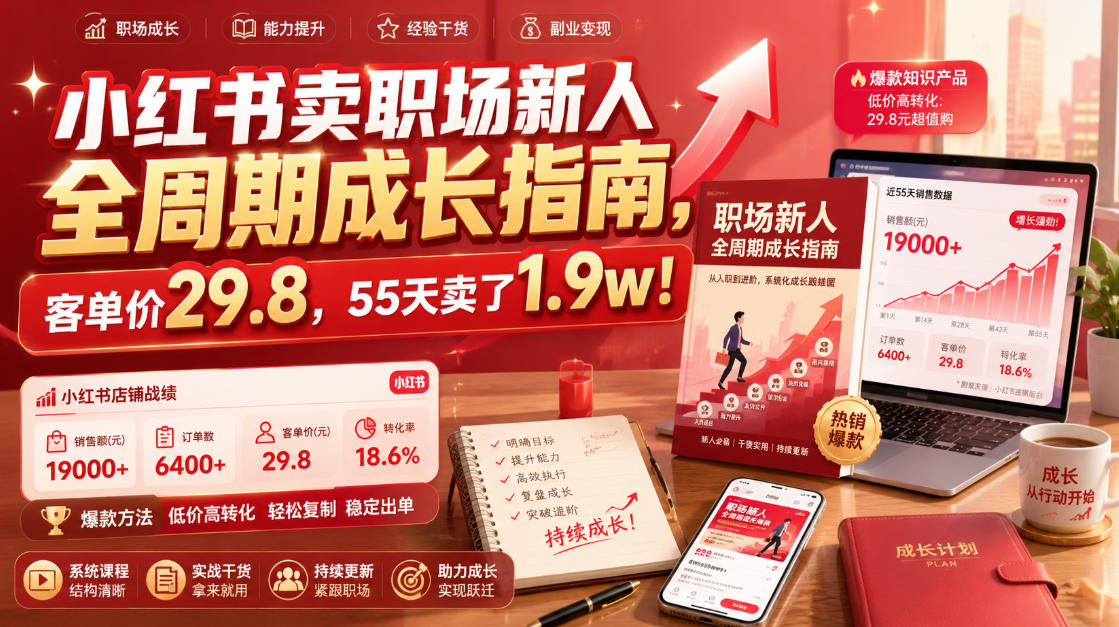 小红书卖职场新人全周期成长指南，客单价29.8，55天卖了1.9w！-九九网创