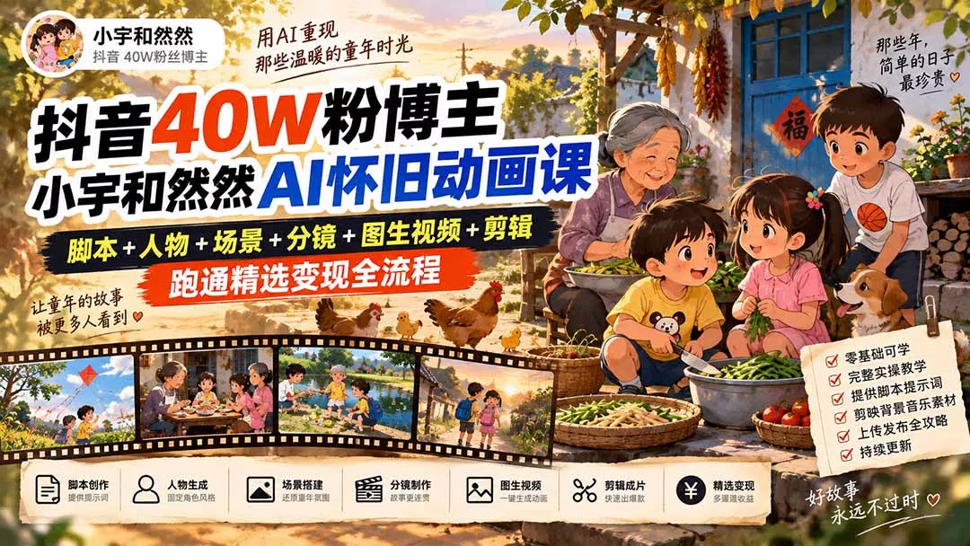 抖音40W粉博主小宇和然然AI怀旧动画课｜脚本+人物+场景+分镜+图生视频+剪辑，跑通精选变现全流程