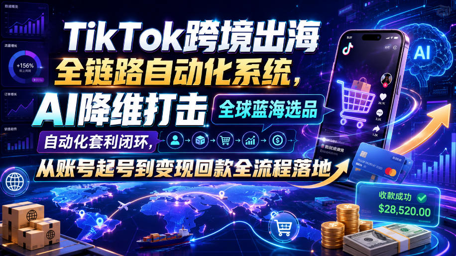 TikTok跨境出海全链路自动化系统,AI降维打击全球蓝海选品自动化套利闭环,从账号起号到变现回款全流程落地(2026年7月)-九九网创