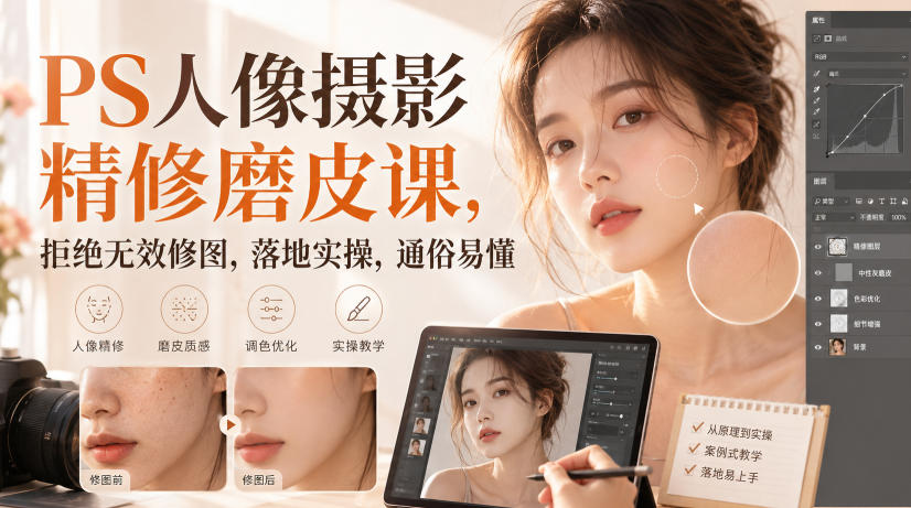 PS人像摄影精修磨皮课，拒绝无效修图，落地实操，通俗易懂-九九网创