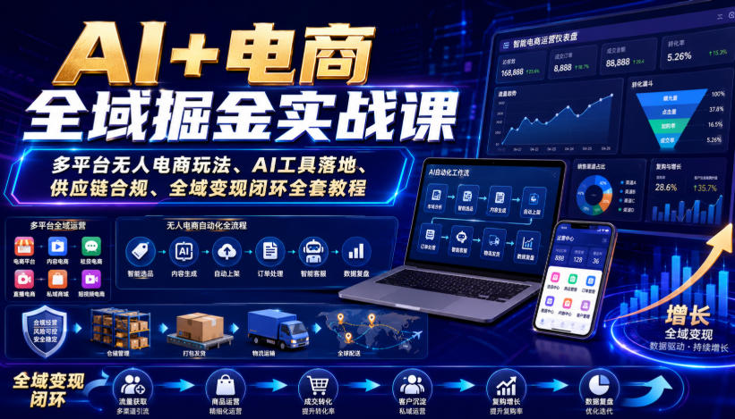 AI+电商全域掘金实战课｜多平台无人电商玩法、AI工具落地、供应链合规、全域变现闭环全套教程-九九网创