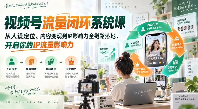 视频号流量闭环系统课，从人设定位、内容变现到IP影响力全链路落地，开启你的IP流量影响力-九九网创