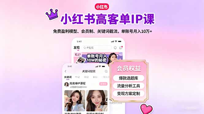 小红书高客单IP课，免费盈利模型、会员制、关键词截流，单账号月入10万+-九九网创
