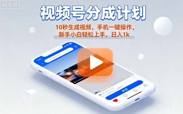 视频号分成计划懒人玩法，10秒生成视频，手机一键操作，新手小白轻松上手，日入1K【揭秘】-九九网创