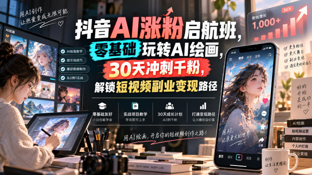抖音AI涨粉启航班，零基础玩转AI绘画，30天冲刺千粉，解锁短视频副业变现路径-九九网创