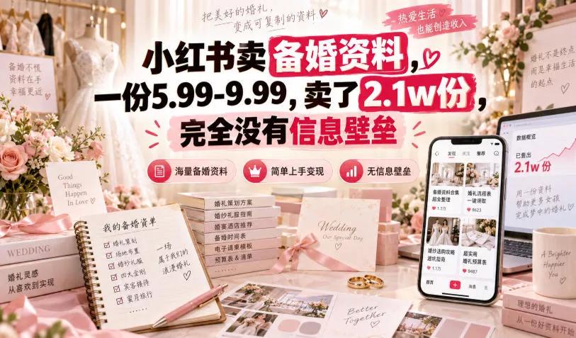 小红书卖备婚资料，一份5.99-9.99，卖了2.1w份，完全没有信息壁垒-九九网创