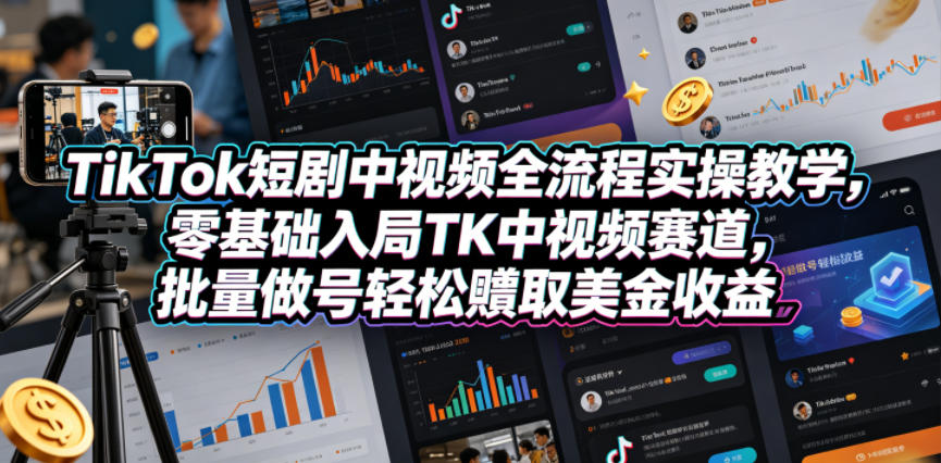 TikTok短剧中视频全流程实操教学，零基础入局TK中视频赛道，批量做号轻松賺取美金收益-九九网创
