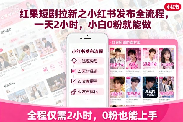 红果短剧拉新之小红书发布全流程，一天2小时，小白0粉就能做-九九网创
