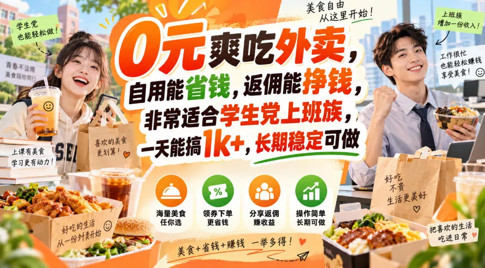 0元爽吃外卖，自用能省钱，返佣能挣钱，非常适合学生党上班族，一天能搞1k+，长期稳定可做-九九网创