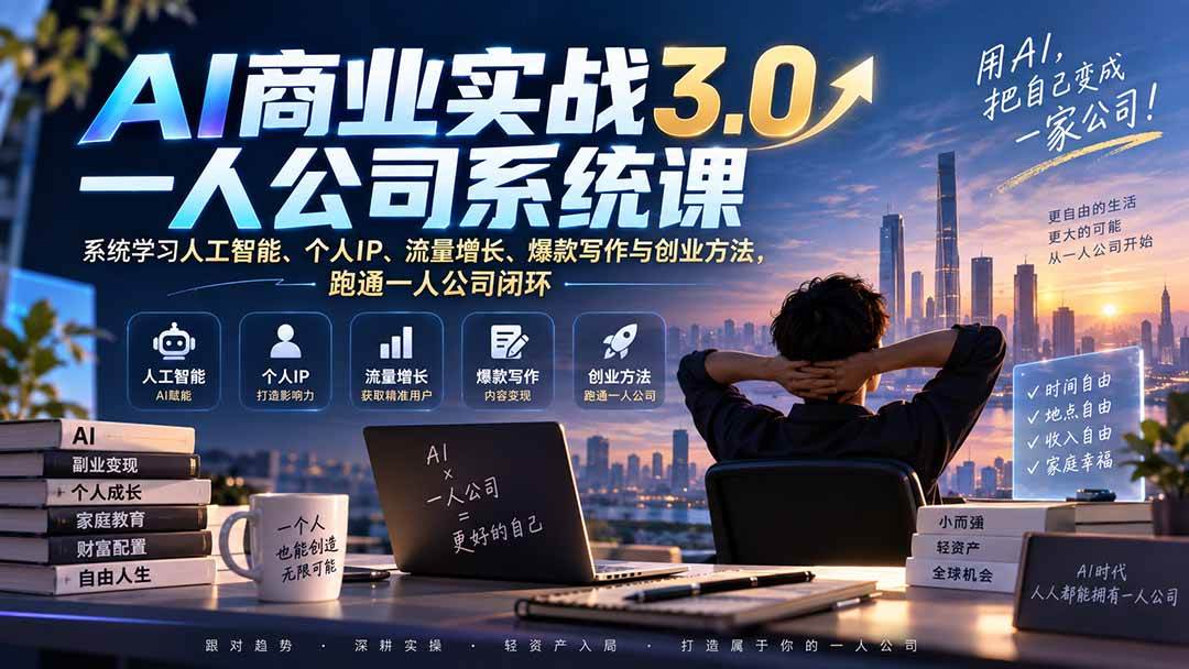 （20249期）AI商业实战3.0一人公司系统课：系统学习人工智能、个人IP、流量增长、爆款写作与创业方法，跑通一人公司闭环-九九网创