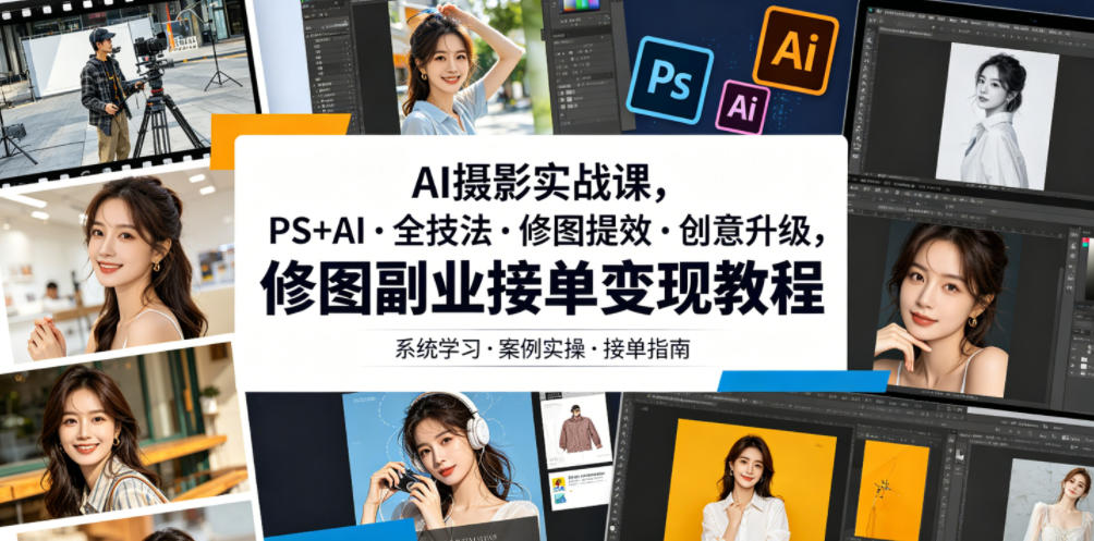 AI摄影实战课，PS+AI・全技法・修图提效・创意升级，修图副业接单变现教程-九九网创
