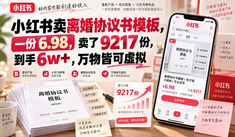 小红书卖离婚协议书模板，一份6.98，卖了9217份，到手6w+，万物皆可虚拟-九九网创
