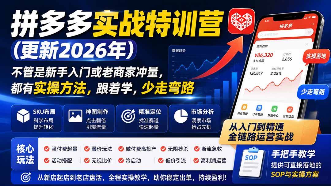 （19842期）拼多多实战特训营(更新2026年)：不管是新手入门或老商家冲量，都有实操方法，跟着学，少走弯路-九九网创