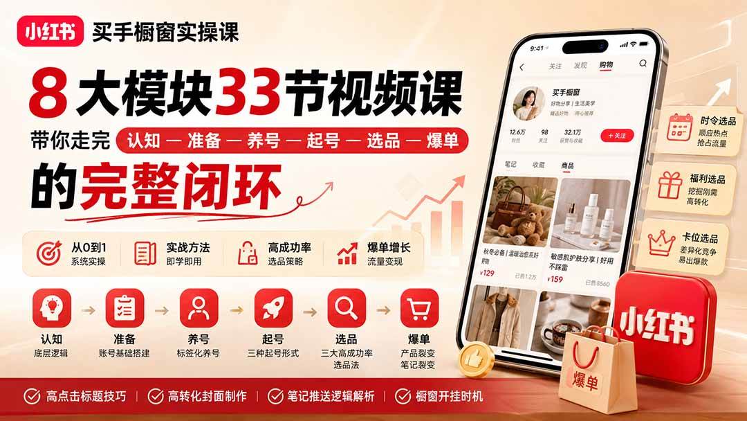 （20317期）小红书买手橱窗实操课：8大模块33节视频课，带你走完”认知—准备—养号—起号—选品—爆单”的完整闭环-九九网创