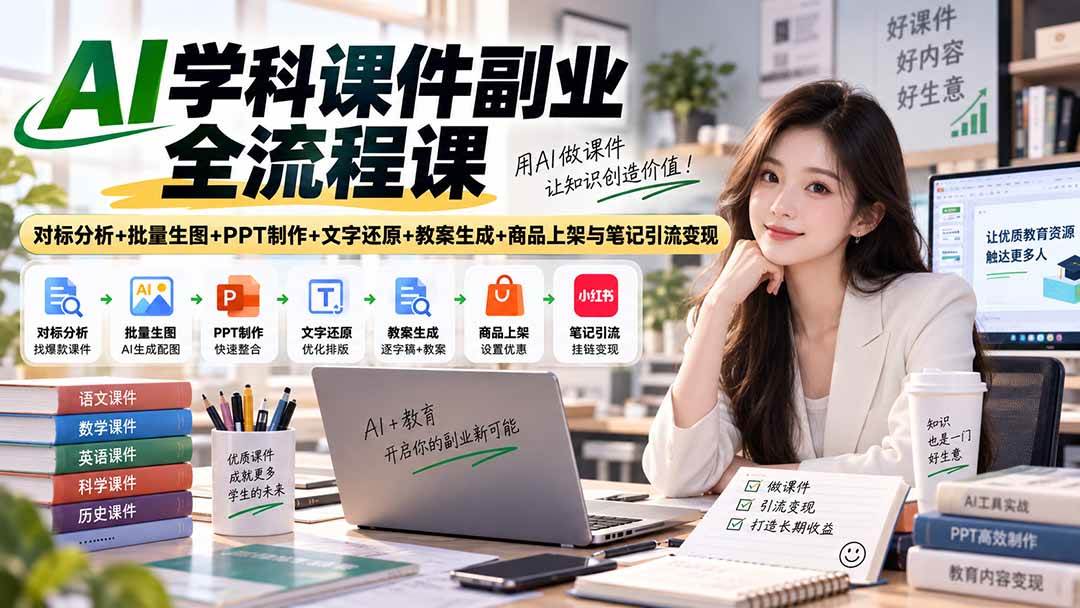 （20469期）AI学科课件副业全流程课｜对标分析+批量生图+PPT制作+文字还原+教案生成+商品上架与笔记引流变现-九九网创