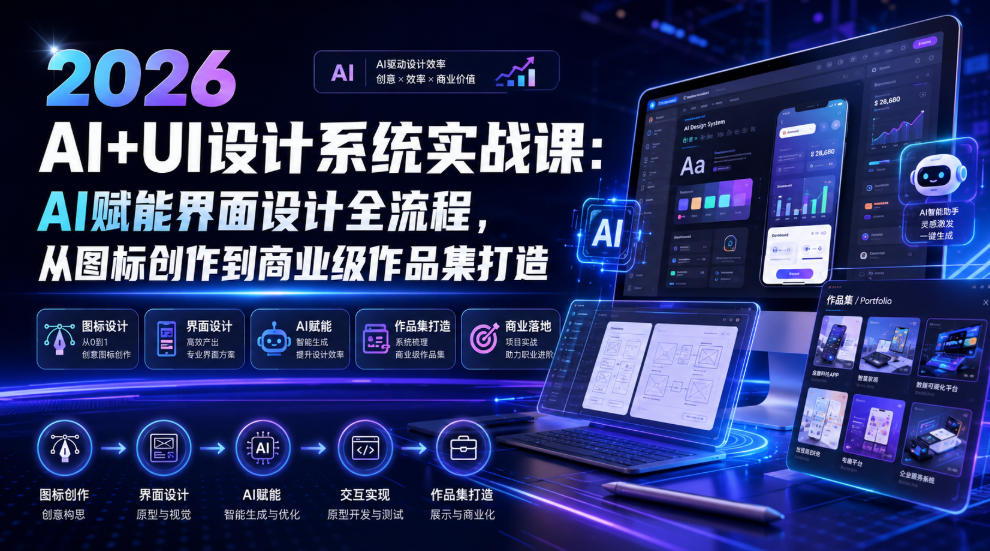 2026 AI+UI设计系统实战课:AI赋能界面设计全流程,从图标创作到商业级作品集打造-九九网创