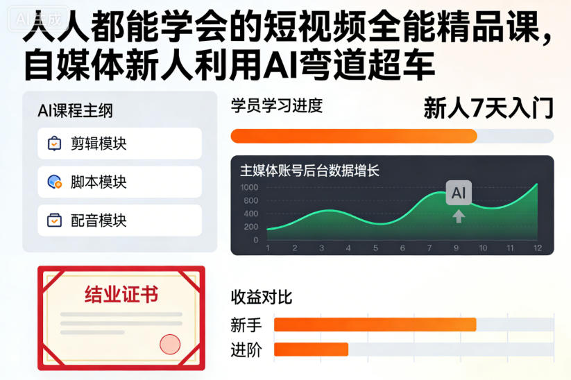 人人都能学会的短视频全能精品课，自媒体新人利用AI弯道超车-九九网创