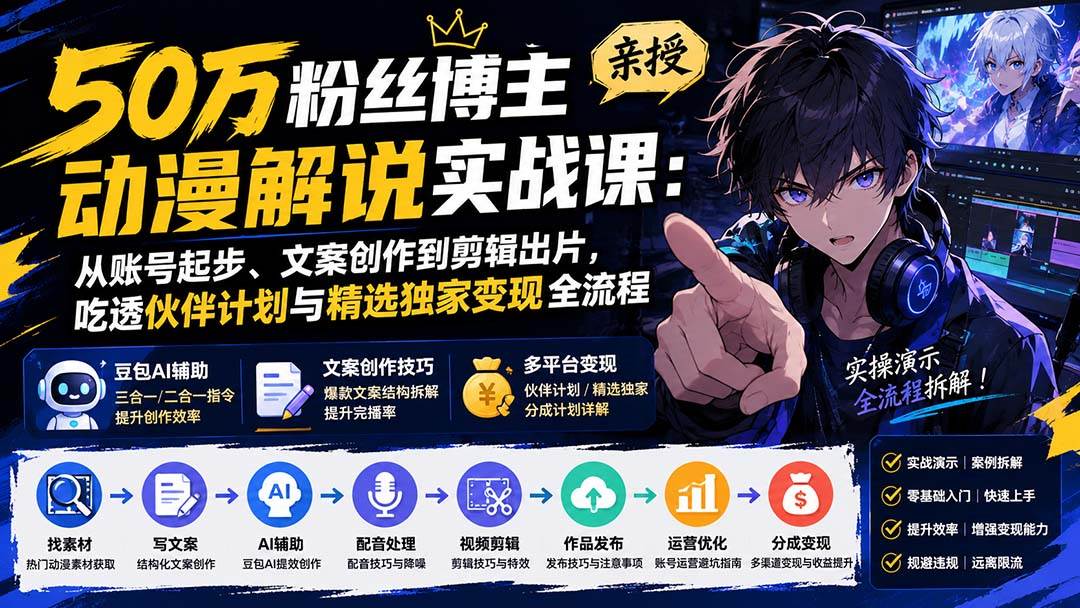 （20144期）50万粉丝博主亲授动漫解说实战课：从账号起步、文案创作到剪辑出片，吃透伙伴计划与精选独家变现全流程-九九网创