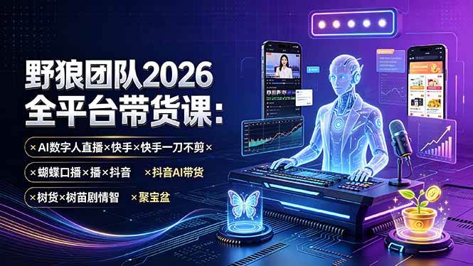 （19511期）野狼团队2026全平台带货课-7月：AI数字人直播×快手一刀不剪×蝴蝶口播×抖音AI带货×树苗剧情智剪×聚宝盆-九九网创