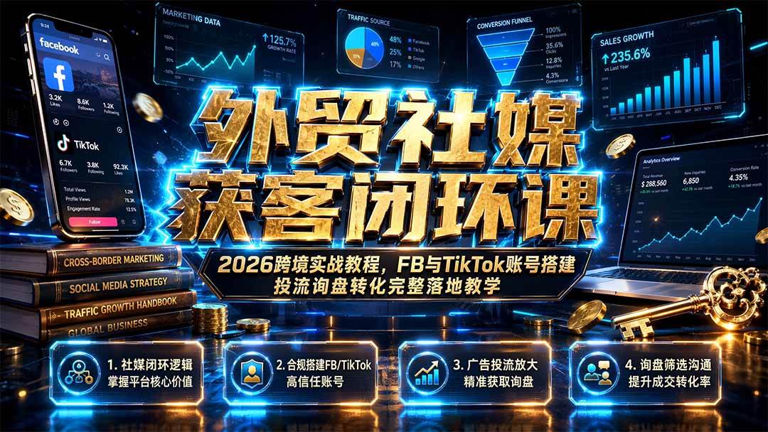 （19611期）外贸社媒获客闭环课｜2026跨境实战教程，FB与TikTok账号搭建投流询盘转化完整落地教学-九九网创