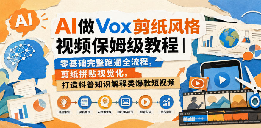 AI做Vox剪纸风格视频保姆级教程｜零基础完整跑通全流程，剪纸拼贴视觉化，打造科普知识解释类爆款短视频-九九网创