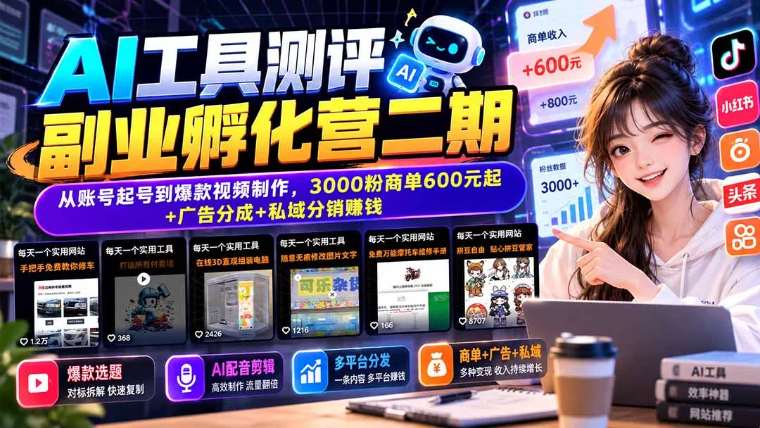 AI工具测评副业孵化营二期：从账号起号到爆款视频制作，3000粉商单600元起+广告分成+私域分销赚钱