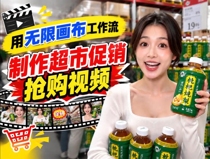 无限画布超市促销抢购视频工作流，一键产出TikTok抖音带货短视频-九九网创