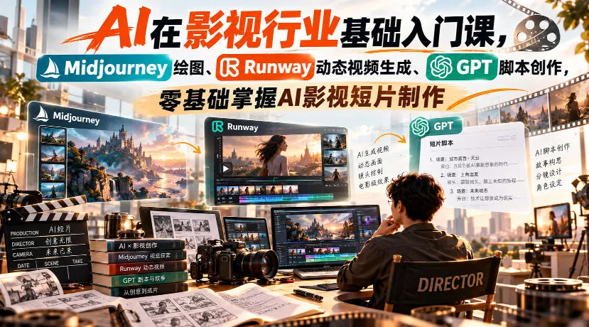 【无水印】AI在影视行业基础入门课，Midjourney绘图、Runway动态视频生成、GPT脚本创作，零基础掌握AI影视短片制作-九九网创