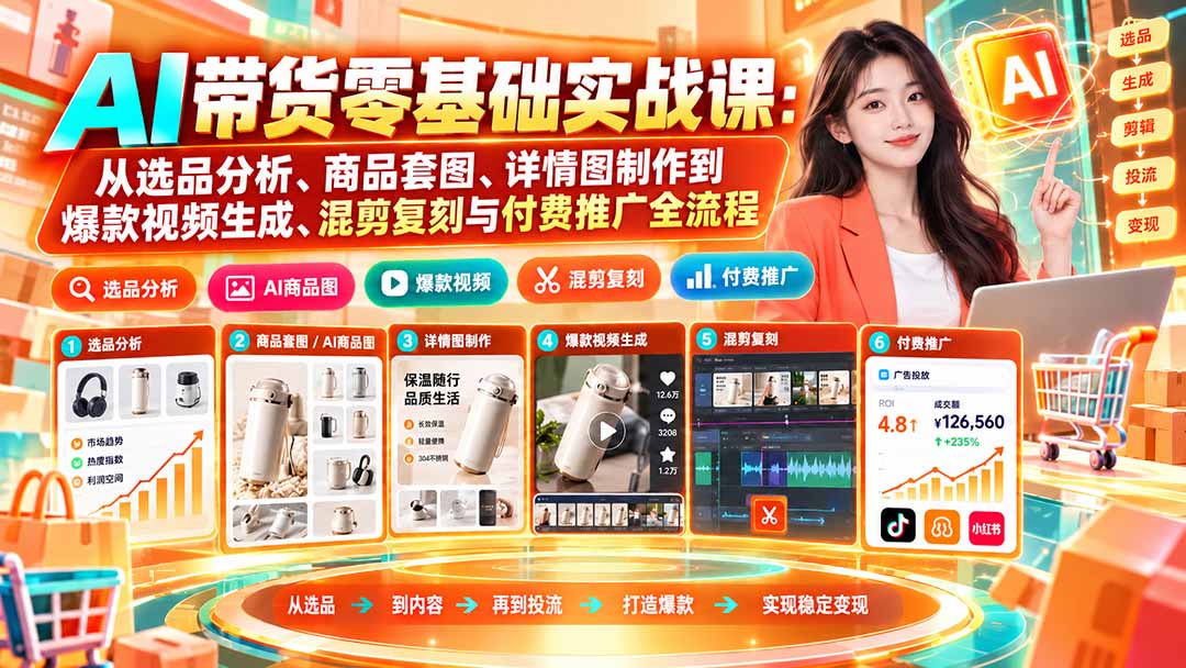 AI带货零基础实战课：从选品分析、商品套图、详情图制作到爆款视频生成、混剪复刻与付费推广全流程-九九网创