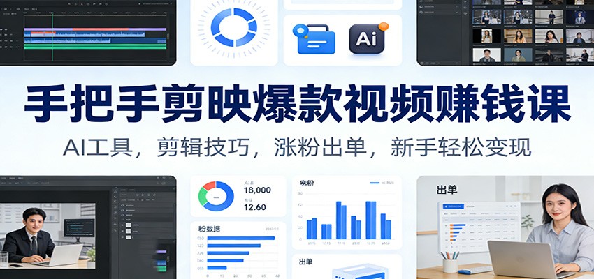 手把手剪映爆款视频赚钱课：AI工具，剪辑技巧，涨粉出单，新手轻松变现-九九网创