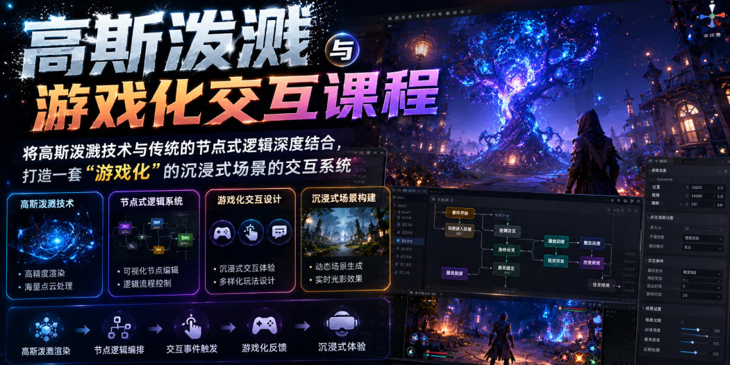 高斯泼溅与游戏化交互课程，将高斯泼溅技术与传统的节点式逻辑深度结合，打造一套“游戏化”的沉浸式场景的交互系统-九九网创