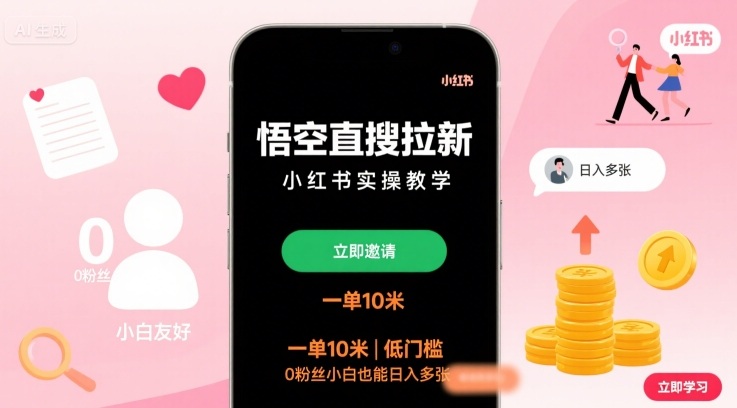 悟空直搜拉新小红书实操教学，一单10米，低门槛，0粉丝小白也能日入多张-九九网创