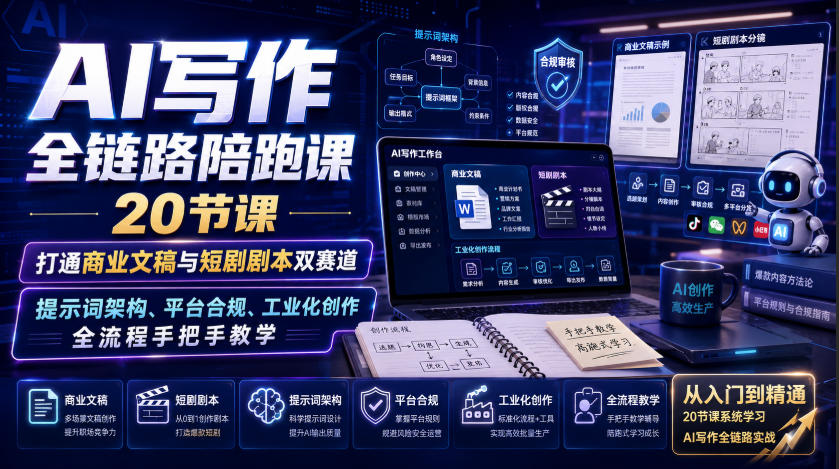 AI写作全链路陪跑课｜20节课打通商业文稿与短剧剧本双赛道，提示词架构、平台合规、工业化创作全流程手把手教学-九九网创
