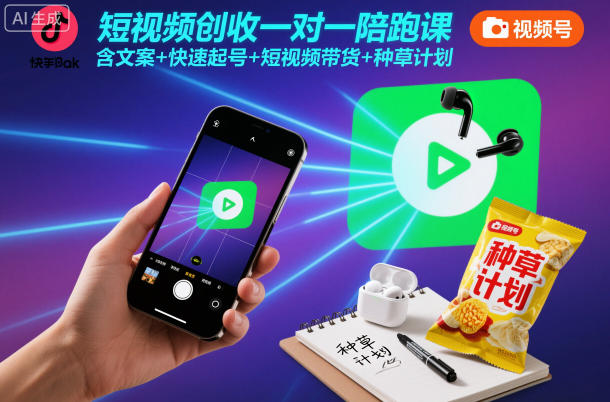 短视频创收一对一陪跑课,含文案+快速起号+短视频带货+种草计划-九九网创