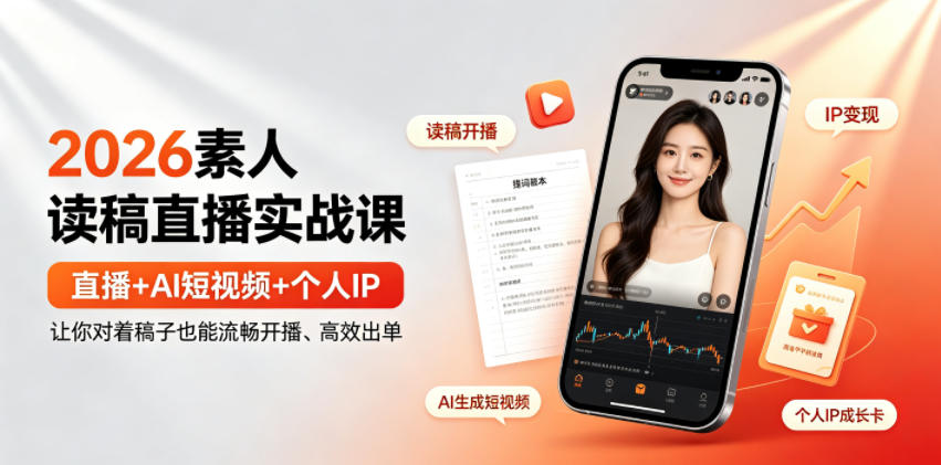 2026素人读稿直播实战课｜直播+AI短视频+个人IP，让你对着稿子也能流畅开播、高效出单-九九网创