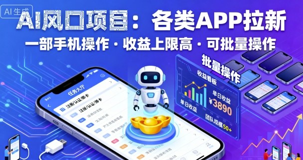 AI风口项目，各类APP拉新，一部手机就可以操作，收益上限高，可批量操作-九九网创