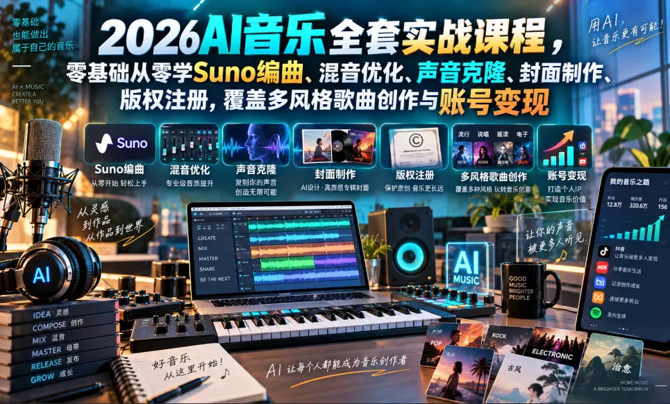 2026AI音乐实战课程,零基础从零学Suno编曲、混音优化、声音克隆、版权注册,覆盖多风格歌曲创作与账号变现(更新0924)-九九网创