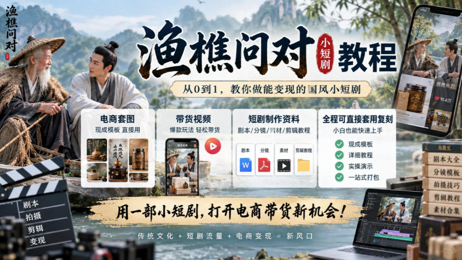 渔樵问对小短剧教程，包含电商套图、带货视频，短剧制作资料，全程可直接套用复刻-九九网创