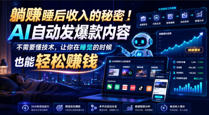 躺賺睡后收入的秘密！AI自动发爆款内容，不需要懂技术，让你在睡觉的时候也能轻松賺钱【原创双语字幕】-九九网创