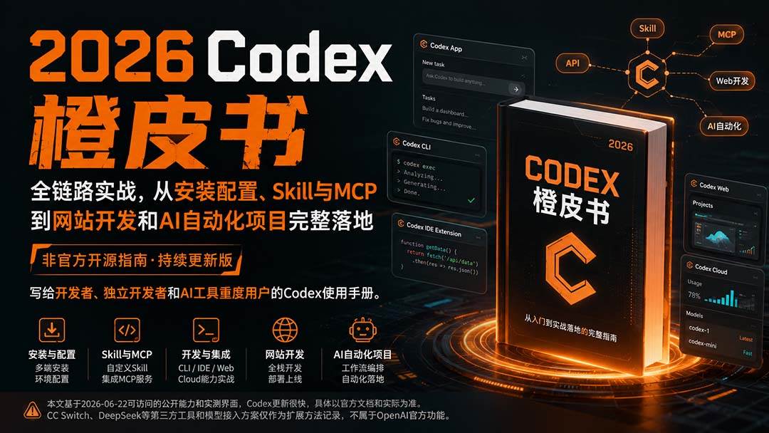 （20105期）2026Codex橙皮书：全链路实战，从安装配置、Skill与MCP到网站开发和AI自动化项目完整落地-九九网创