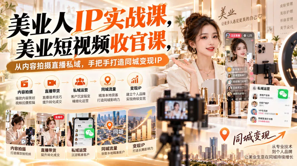 【无水印】美业人IP实战课，美业短视频收官课，从内容拍摄直播私域，手把手打造同城变现IP-九九网创