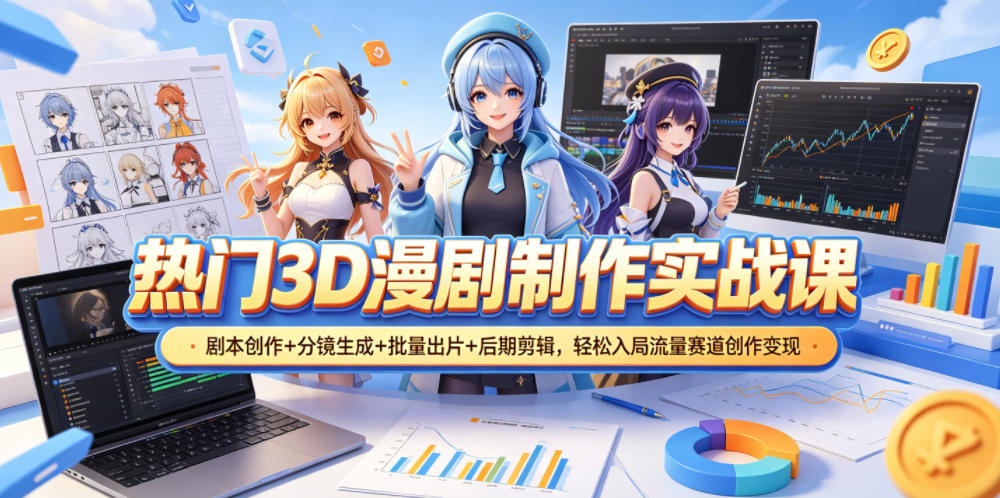 热门3D漫剧制作实战课,剧本创作+分镜生成+批量出片+后期剪辑,轻松入局流量赛道创作变现-九九网创