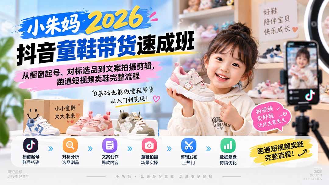 （20267期）小朱妈2026抖音童鞋带货速成班：从橱窗起号、对标选品到文案拍摄剪辑，跑通短视频卖鞋完整流程-九九网创
