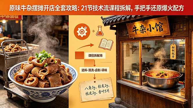 (18601期)原味牛杂摆摊开店全套攻略:21节技术流课程拆解,手把手还原爆火配方-九九网创