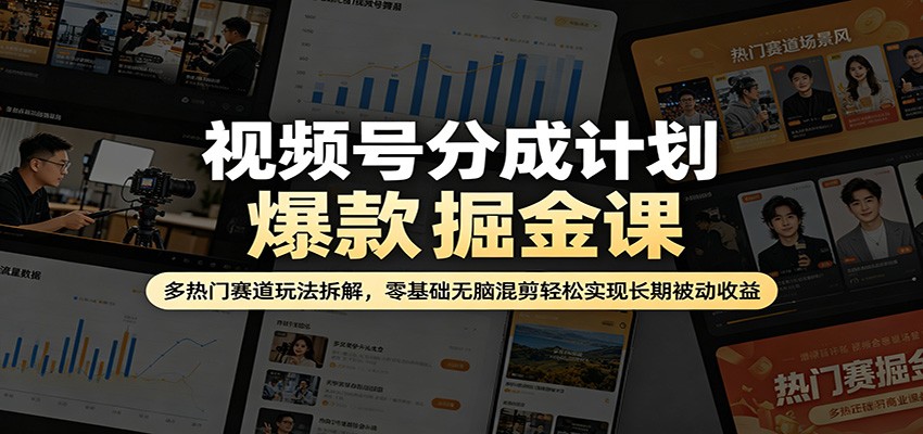 视频号分成计划爆款掘金课：多热门赛道玩法拆解，零基础无脑混剪轻松实现长期被动收益-九九网创